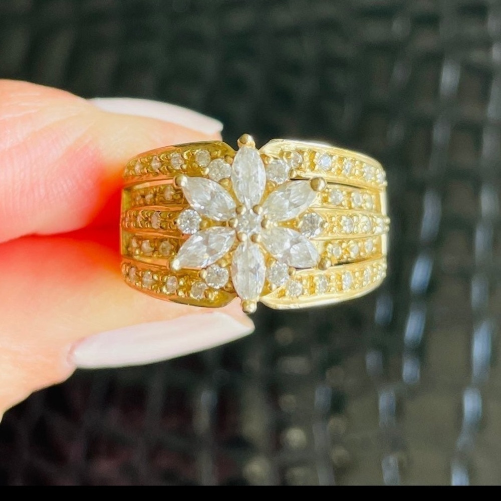 14k Yellow Gold Diamonique Cubic Zirconia Floral Cluster Cocktail Statem…